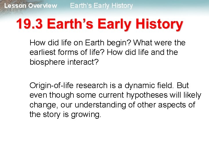 Lesson Overview Earth’s Early History How did life on Earth begin? What were the