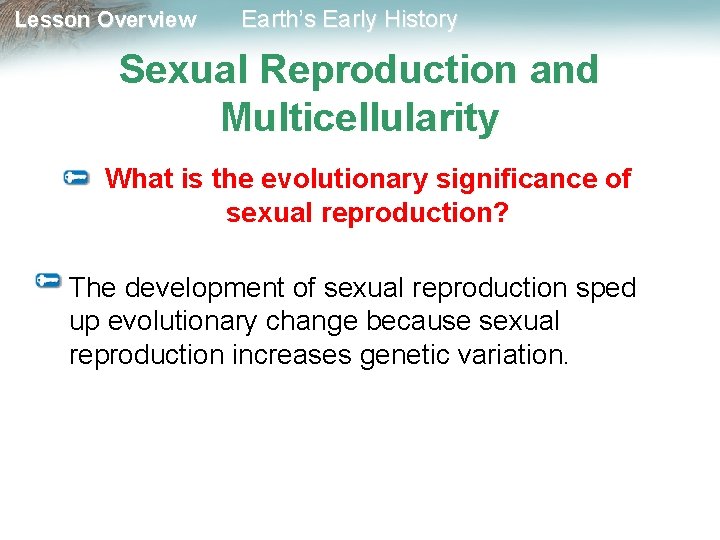 Lesson Overview Earth’s Early History Sexual Reproduction and Multicellularity What is the evolutionary significance