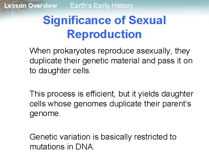 Lesson Overview Earth’s Early History Significance of Sexual Reproduction When prokaryotes reproduce asexually, they