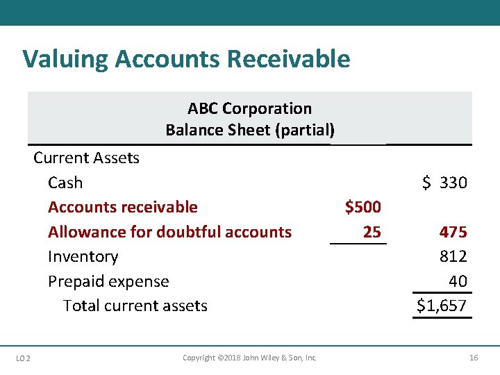 Valuing Accounts Receivable ABC Corporation Balance Sheet (partial) Current Assets Cash Accounts receivable Allowance
