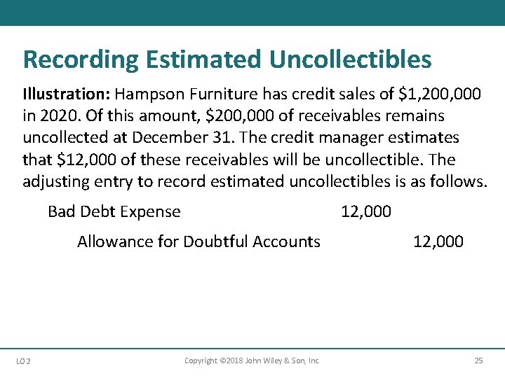 Recording Estimated Uncollectibles Illustration: Hampson Furniture has credit sales of $1, 200, 000 in