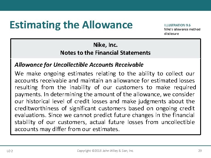 Estimating the Allowance ILLUSTRATION 9. 6 Nike’s allowance method disclosure Nike, Inc. Notes to