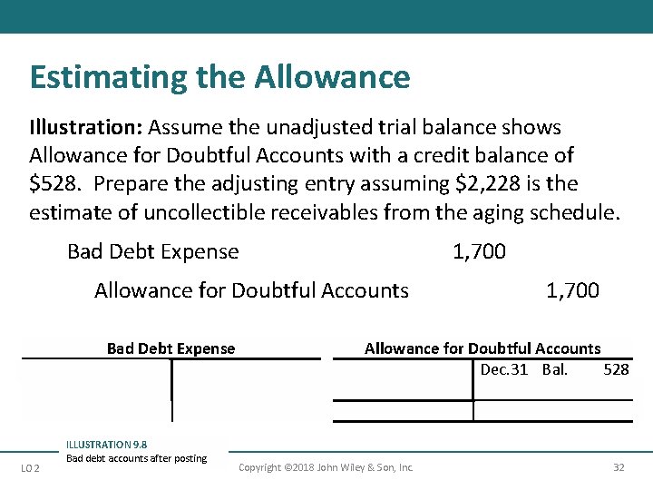Estimating the Allowance Illustration: Assume the unadjusted trial balance shows Allowance for Doubtful Accounts