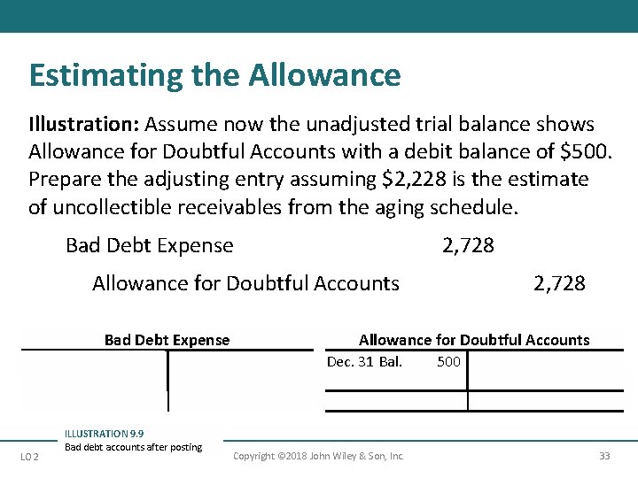 Estimating the Allowance Illustration: Assume now the unadjusted trial balance shows Allowance for Doubtful