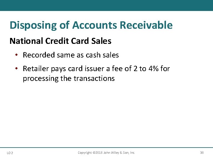 Disposing of Accounts Receivable National Credit Card Sales • Recorded same as cash sales