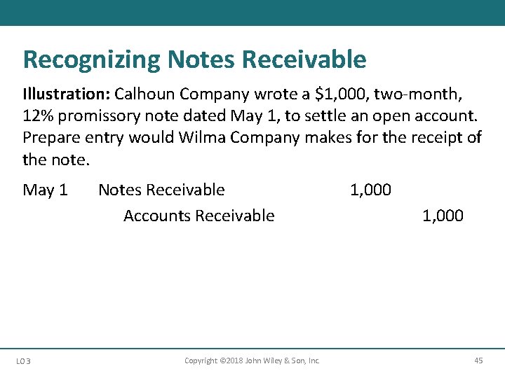 Recognizing Notes Receivable Illustration: Calhoun Company wrote a $1, 000, two-month, 12% promissory note