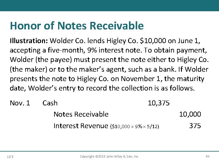 Honor of Notes Receivable Illustration: Wolder Co. lends Higley Co. $10, 000 on June