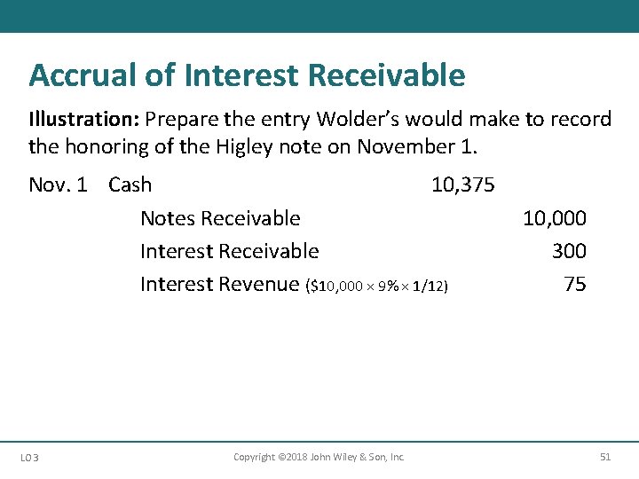 Accrual of Interest Receivable Illustration: Prepare the entry Wolder’s would make to record the