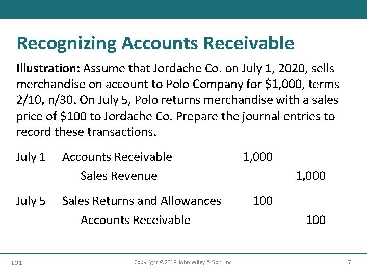 Recognizing Accounts Receivable Illustration: Assume that Jordache Co. on July 1, 2020, sells merchandise