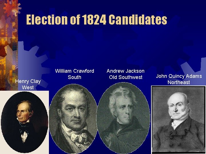 Election of 1824 Candidates Henry Clay West William Crawford South Andrew Jackson Old Southwest