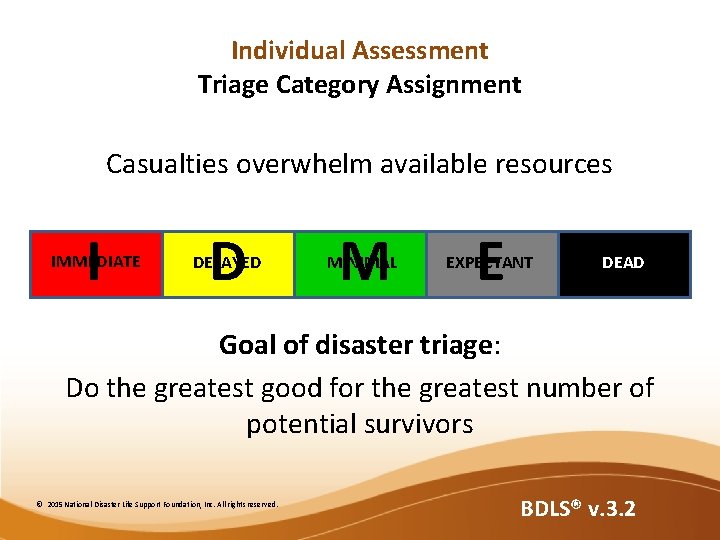 Individual Assessment Triage Category Assignment Casualties overwhelm available resources I IMMEDIATE D DELAYED M