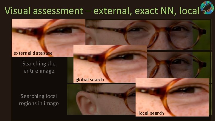 Visual assessment – external, exact NN, local Large external example database external database Searching