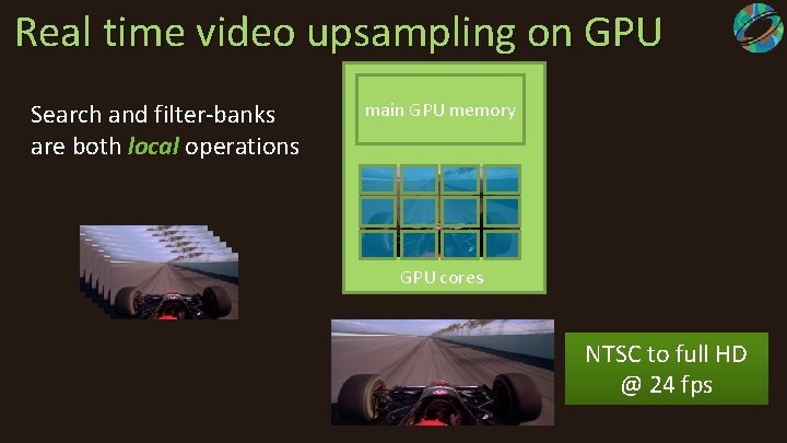 Real time video upsampling on GPU Search and filter-banks are both local operations main