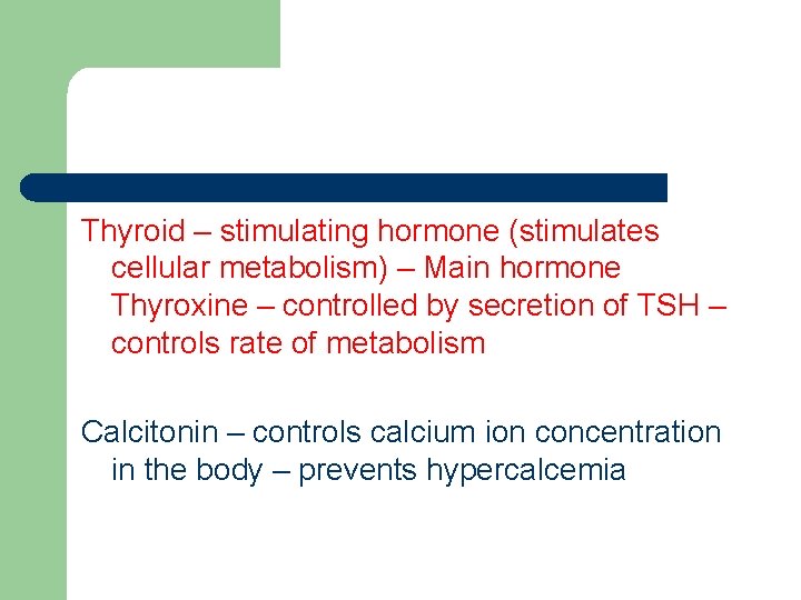 Thyroid – stimulating hormone (stimulates cellular metabolism) – Main hormone Thyroxine – controlled by