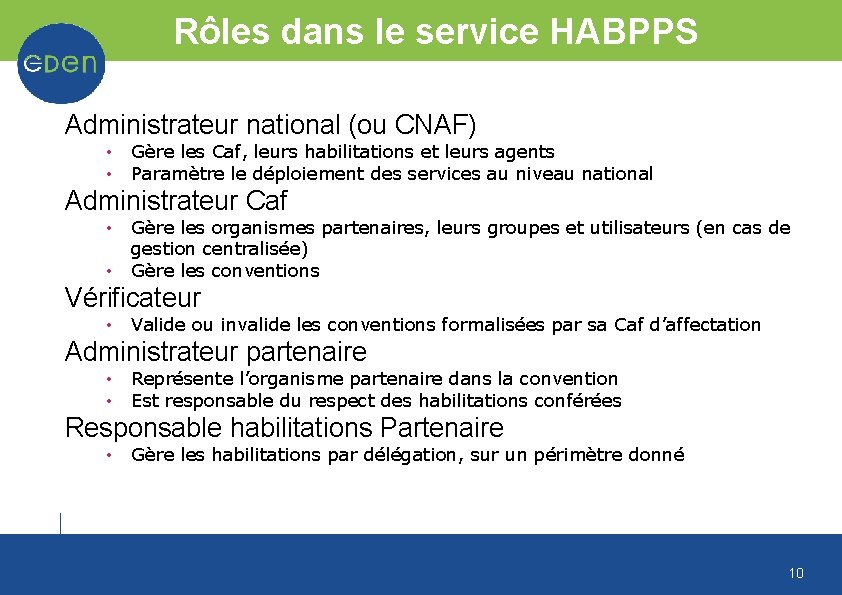 Rôles dans le service HABPPS Administrateur national (ou CNAF) • • Gère les Caf,