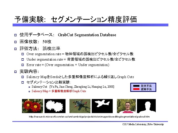 予備実験: 　セグメンテーション精度評価 p 使用データベース：　Grab. Cut Segmentation Database p 画像枚数：　50枚 p 評価方法：　誤検出率 Over segmentation rate