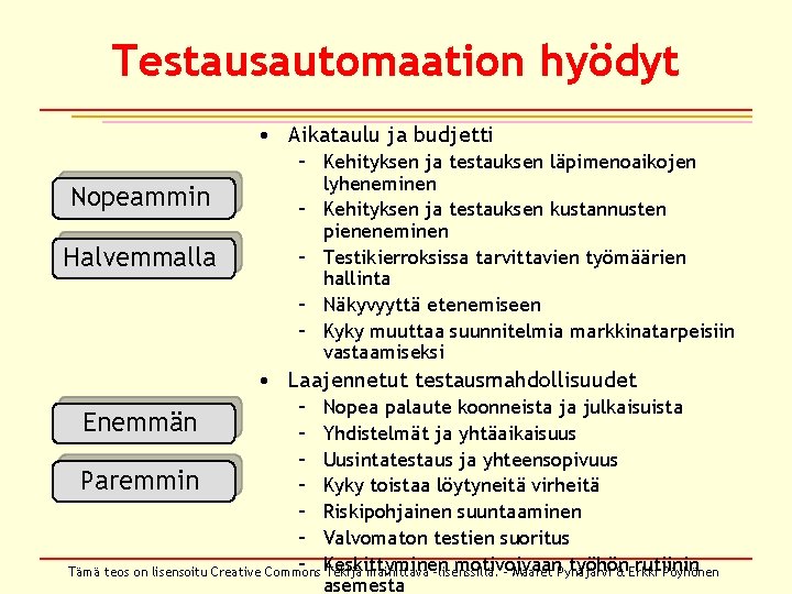 Testausautomaation hyödyt • Aikataulu ja budjetti Nopeammin Halvemmalla – Kehityksen ja testauksen läpimenoaikojen lyheneminen