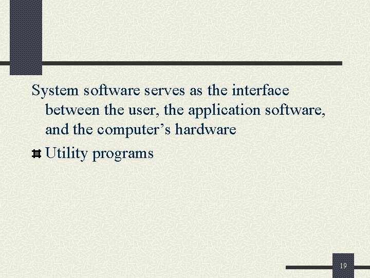 System software serves as the interface between the user, the application software, and the