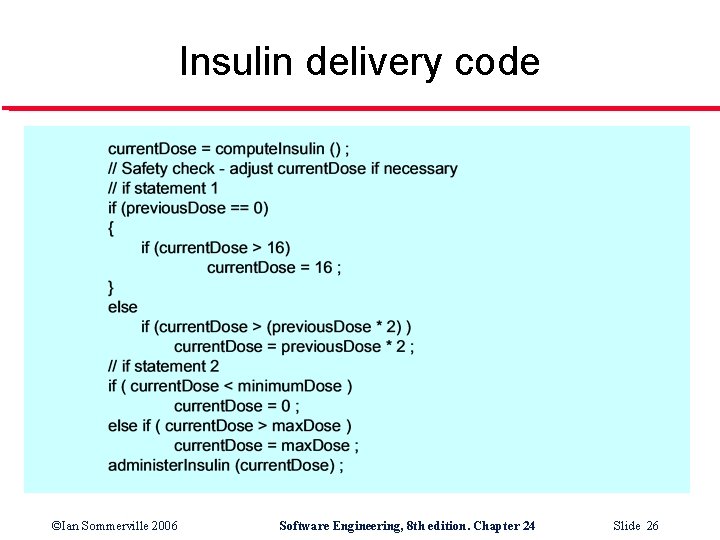 Insulin delivery code ©Ian Sommerville 2006 Software Engineering, 8 th edition. Chapter 24 Slide