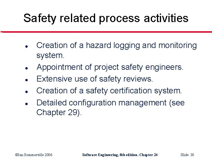 Safety related process activities l l l Creation of a hazard logging and monitoring