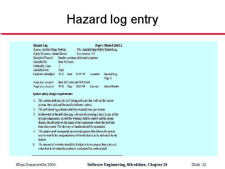Hazard log entry ©Ian Sommerville 2006 Software Engineering, 8 th edition. Chapter 24 Slide
