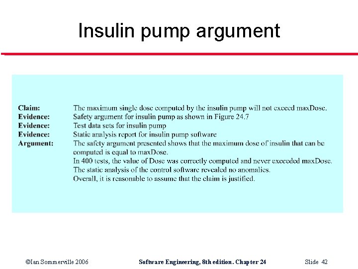 Insulin pump argument ©Ian Sommerville 2006 Software Engineering, 8 th edition. Chapter 24 Slide