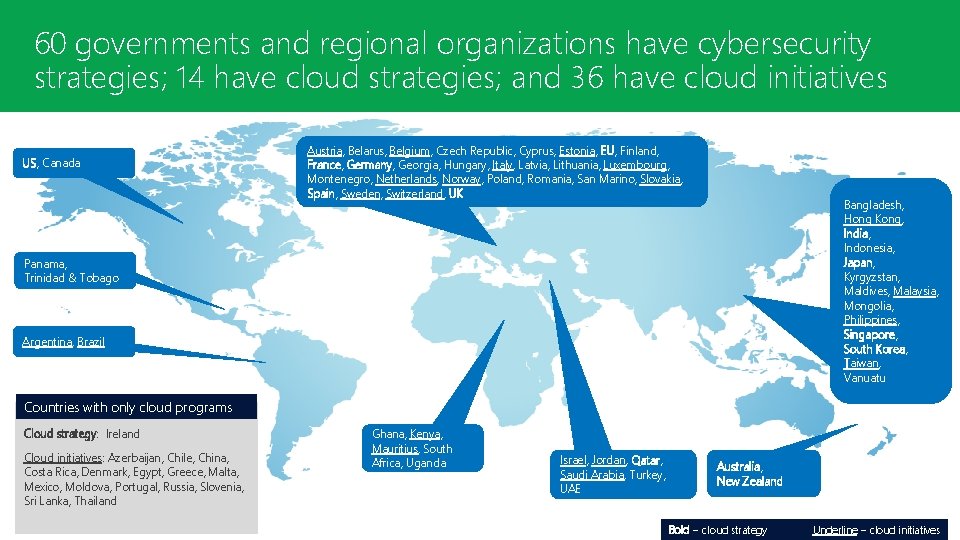 60 governments and regional organizations have cybersecurity strategies; 14 have cloud strategies; and 36