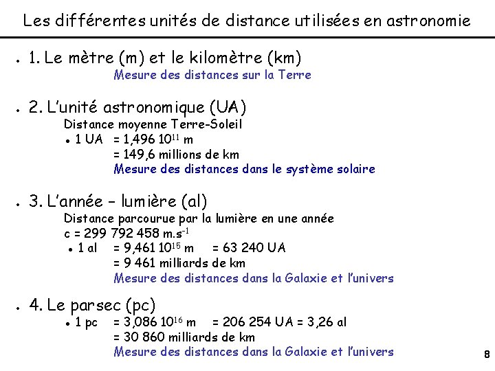 Les différentes unités de distance utilisées en astronomie ● 1. Le mètre (m) et