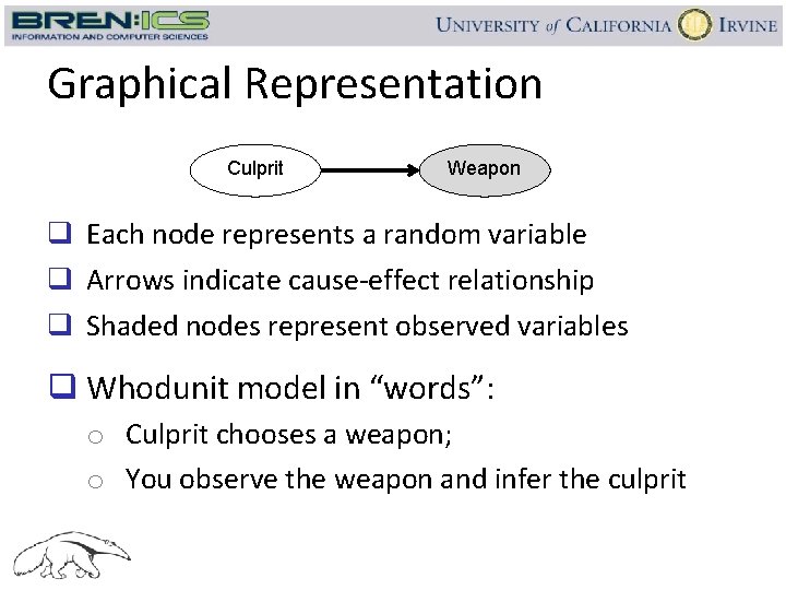 Graphical Representation Culprit Weapon q Each node represents a random variable q Arrows indicate