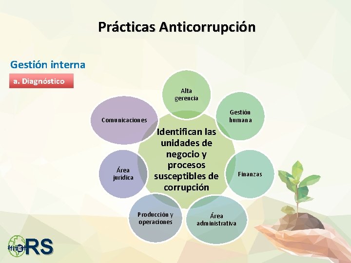 Prácticas Anticorrupción Gestión interna a. Diagnóstico Alta gerencia Gestión humana Comunicaciones Área jurídica Identifican