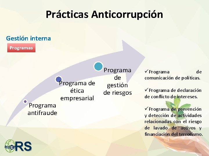 Prácticas Anticorrupción Gestión interna Programas Programa antifraude RS Programa de ética empresarial Programa de