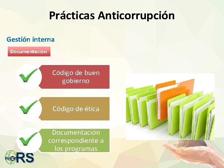 Prácticas Anticorrupción Gestión interna Documentación Código de buen gobierno Código de ética RS Documentación