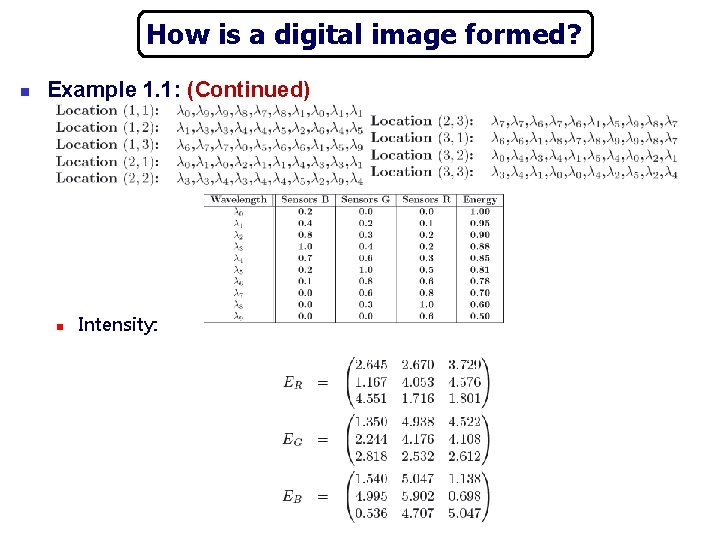 How is a digital image formed? n Example 1. 1: (Continued) n Intensity: 