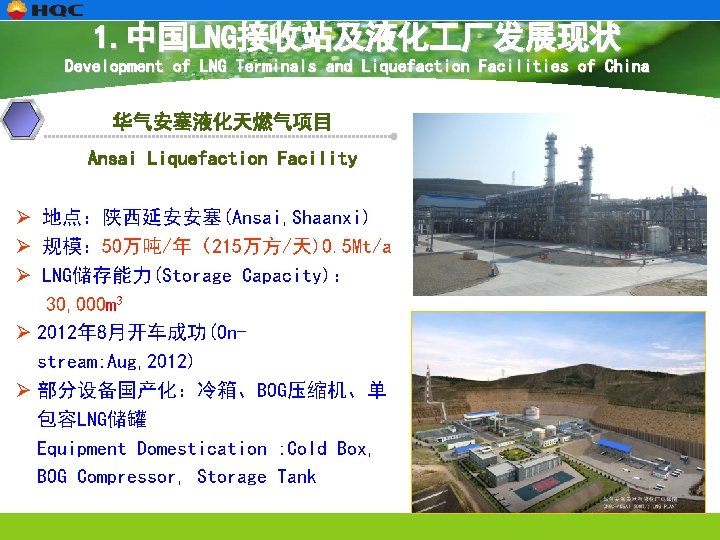 1. 中国LNG接收站及液化 厂发展现状 Development of LNG Terminals and Liquefaction Facilities of China 华气安塞液化天燃气项目 Ansai