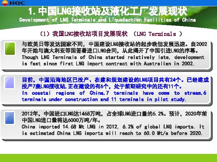 1. 中国LNG接收站及液化 厂发展现状 Development of LNG Terminals and Liquefaction Facilities of China （1）我国LNG接收站项目发展现状 （LNG