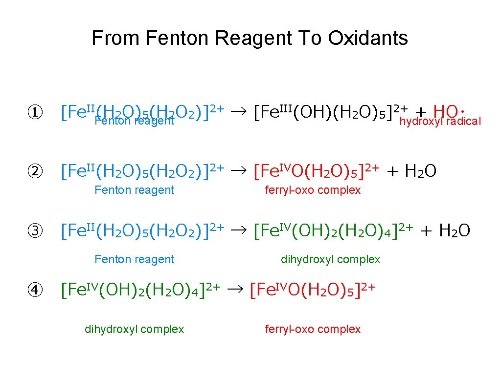 From Fenton Reagent To Oxidants 2+ → [Fe. III(OH)(H O) ]2+ + HO･ ①　[Fe.