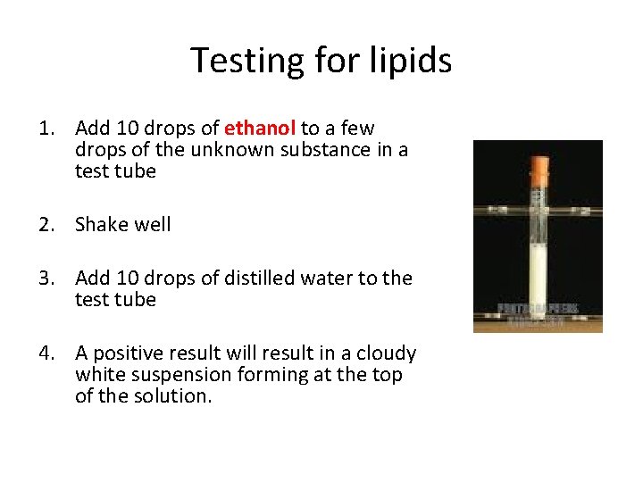 Testing for lipids 1. Add 10 drops of ethanol to a few drops of