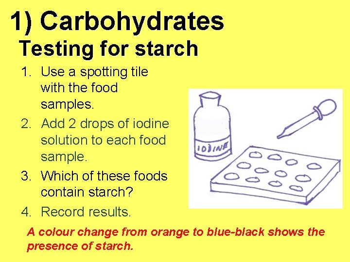 1) Carbohydrates Testing for starch 1. Use a spotting tile with the food samples.