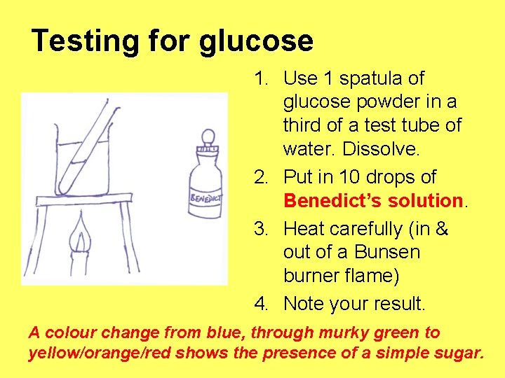 Testing for glucose 1. Use 1 spatula of glucose powder in a third of Testing for glucose 1. Use 1 spatula of glucose powder in a third of
