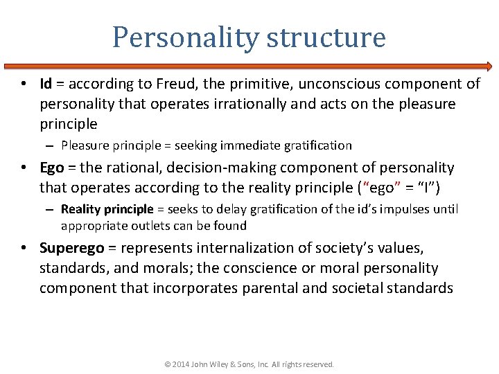 Personality structure • Id = according to Freud, the primitive, unconscious component of personality