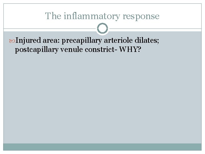 The inflammatory response Injured area: precapillary arteriole dilates; postcapillary venule constrict- WHY? The inflammatory response Injured area: precapillary arteriole dilates; postcapillary venule constrict- WHY?