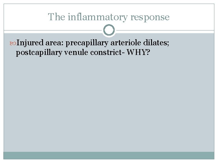 The inflammatory response Injured area: precapillary arteriole dilates; postcapillary venule constrict- WHY? 