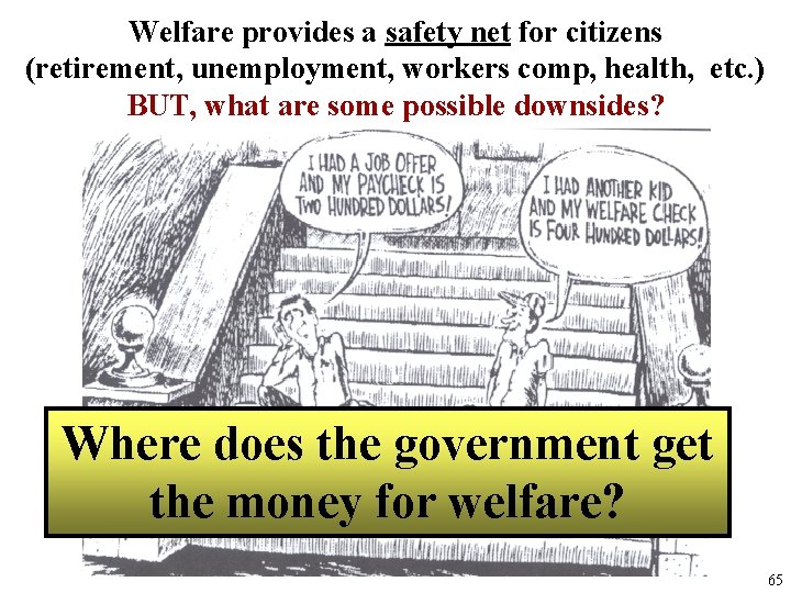 Welfare provides a safety net for citizens (retirement, unemployment, workers comp, health, etc. ) Welfare provides a safety net for citizens (retirement, unemployment, workers comp, health, etc. )