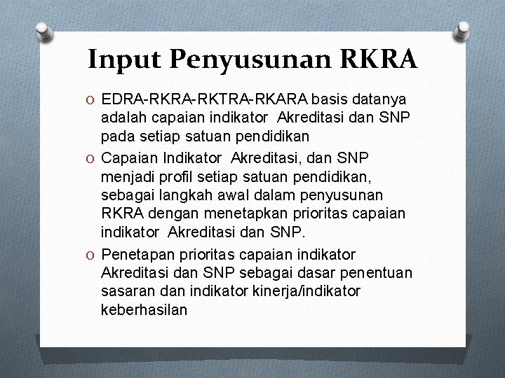 Input Penyusunan RKRA O EDRA-RKTRA-RKARA basis datanya adalah capaian indikator Akreditasi dan SNP pada