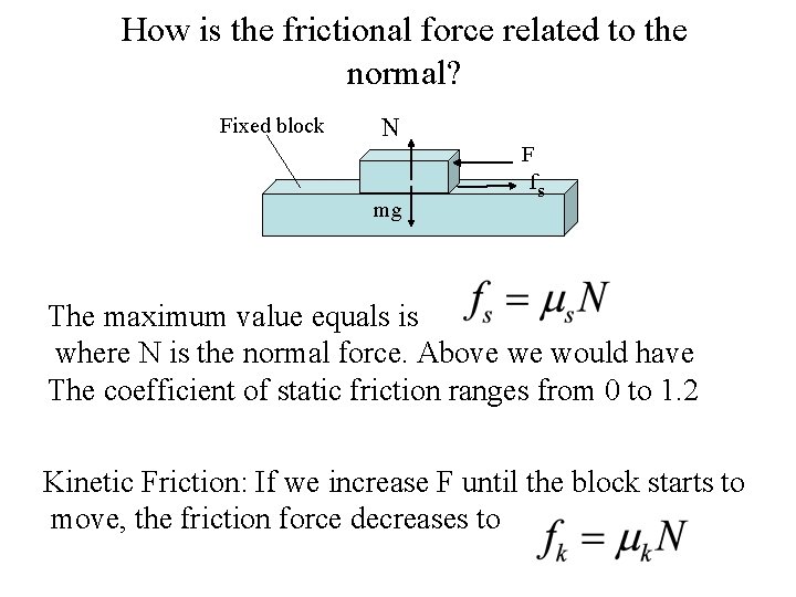 How is the frictional force related to the normal? Fixed block N mg F