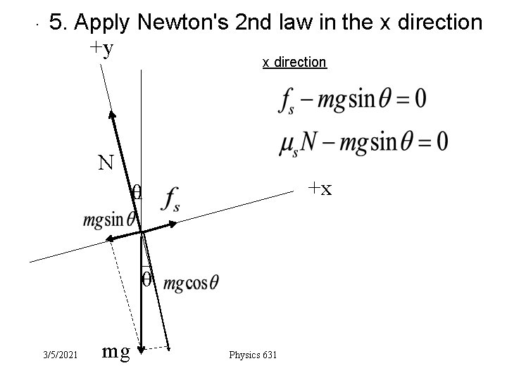 . 5. Apply Newton's 2 nd law in the x direction +y x direction