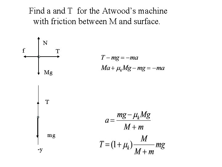 Find a and T for the Atwood’s machine with friction between M and surface.