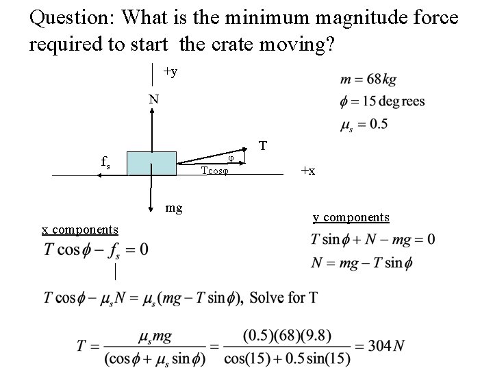 Question: What is the minimum magnitude force required to start the crate moving? +y