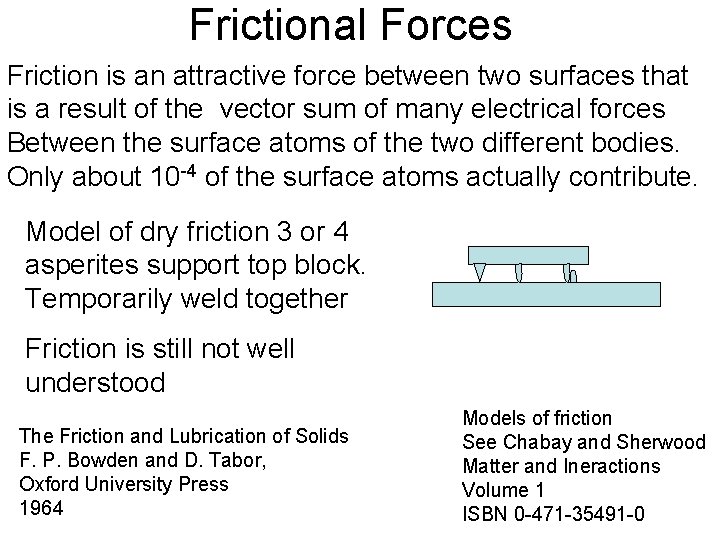 Frictional Forces Friction is an attractive force between two surfaces that is a result