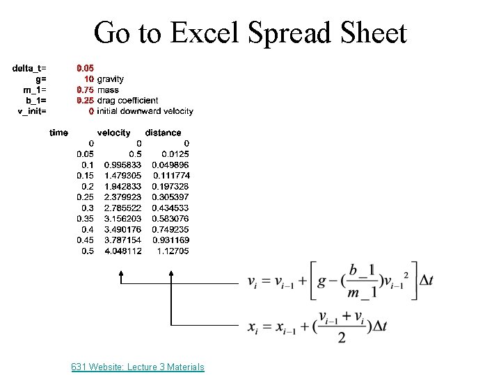 Go to Excel Spread Sheet 631 Website: Lecture 3 Materials 